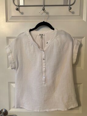 White Cotton Gauze Henley Top Relaxed Fit Short Sleeve